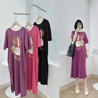 Váy phông cổ bo viền in hình chú Vịt kiểu dáng suông basic dễ mặc, chất cotton mát dành cho mùa hè