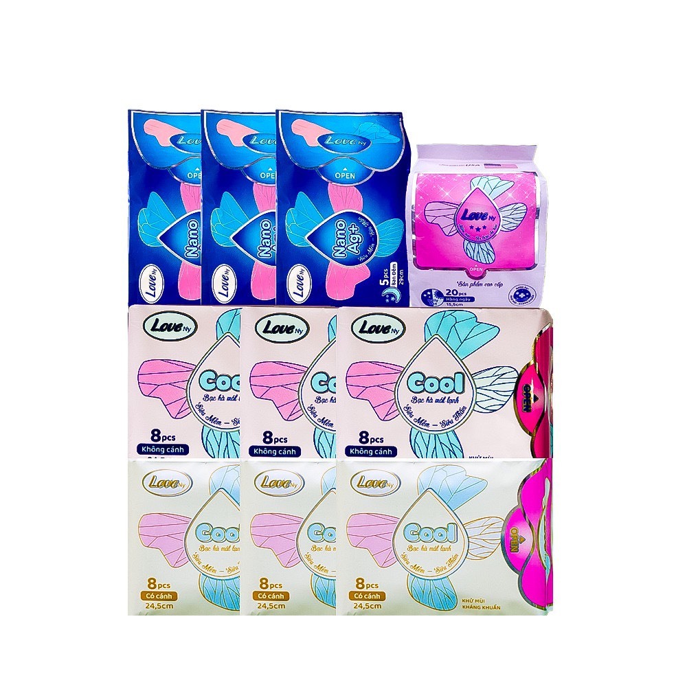 Combo Băng Vệ Sinh Loveny Gồm 6 Gói BVS Ban Ngày 8M/Gói + 3 Gói BVS Hàng Ngày 20M/ Gói + 1 Gói BVS B