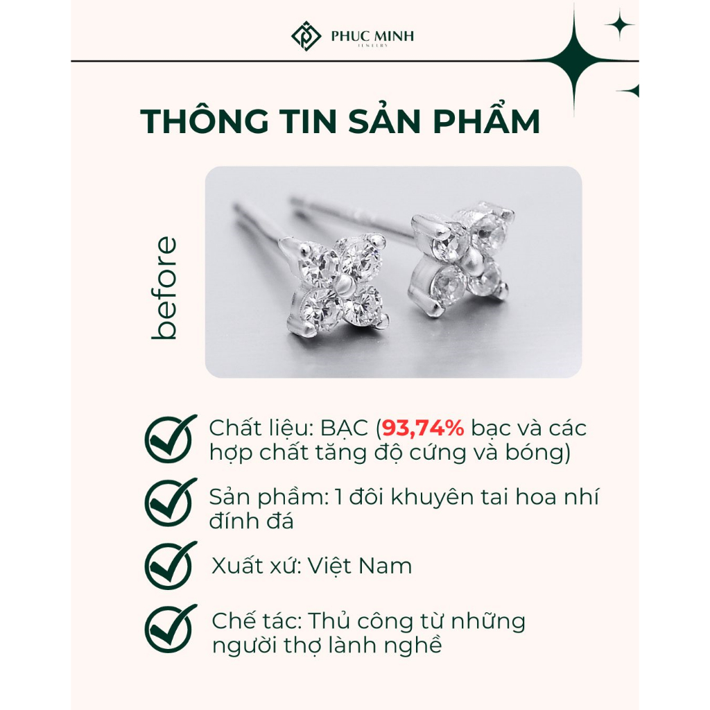 Bông tai bạc nữ Phúc Minh Jewelry khuyên tai cỏ bốn lá đính đá chiếc chất liệu bạc 925 trang sức nữ