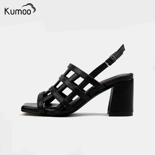 Giày Sandal Cao Gót Nữ KUMOO Emma Heels Màu Đen Da Nappa Gót Vuông 7cm Tiện Lợi Quai Mảnh Êm Chân - SDCG-KUMO-007