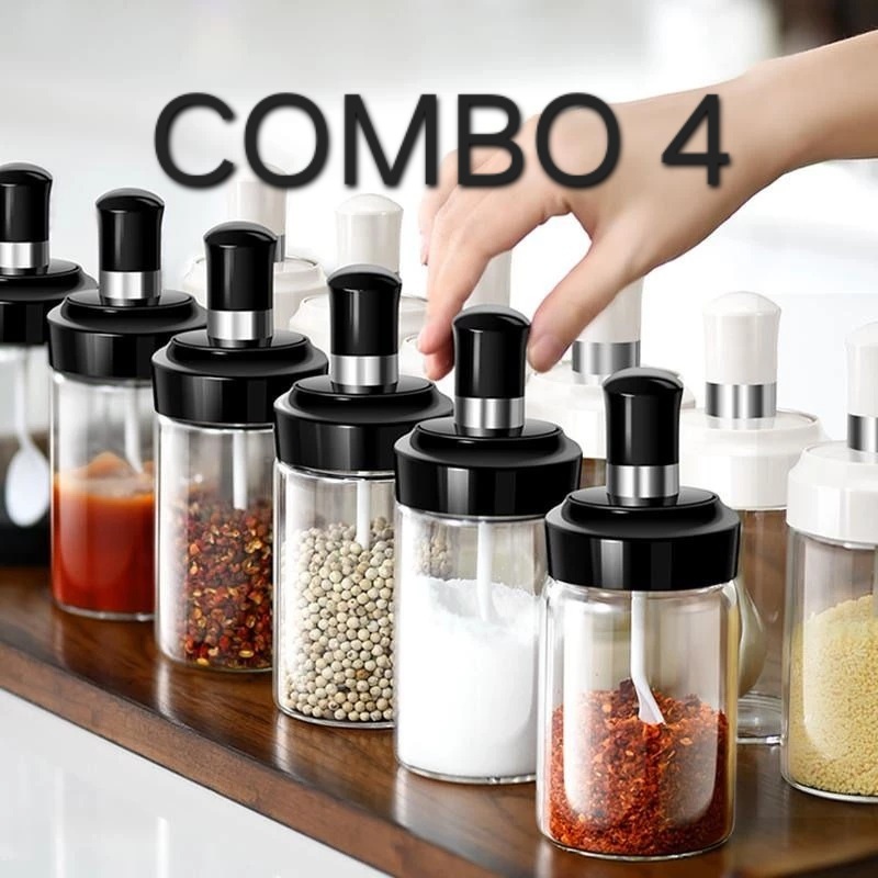 COMBO 4 Hũ Đựng Gia Vị Đẹp Có Kèm Thìa - Lọ Thủy Tinh Đựng Gia Vị Kèm Muỗng Dung Tích 250ML Tiện Lợi