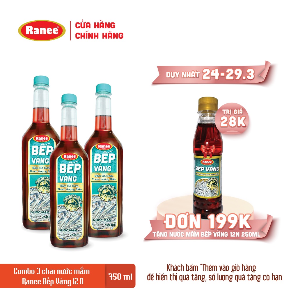 Combo 3 Nước mắm thơm ngon Cá Cơm Bếp Vàng 12N 750ml (3 chai x 750)