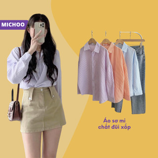 Áo Sơ Mi Nữ Nữ Dài Tay Dáng Rộng MICHOO Đũi Xốp Hoạ Tiết Kẻ Sọc