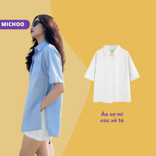 Áo Sơ Mi Nữ Cộc Tay Cúc Xẻ Tà MICHOO Trơn Màu Đen Be Xanh