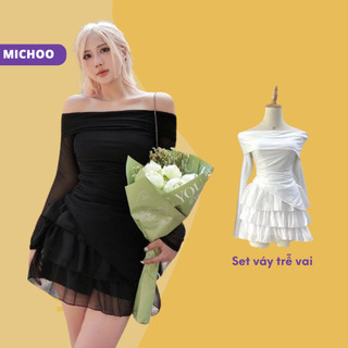 Set áo vạt chéo trễ vai lưới kèm chân váy 3 tầng michoo nữ tính 2 màu đen trắng
