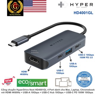 Cổng chuyển hyperdrive next 4 port hd4001gl với hdmi 4k60hz, usb-a 10gbps, usb-c hub 10gbps, usb-c pd 100w
