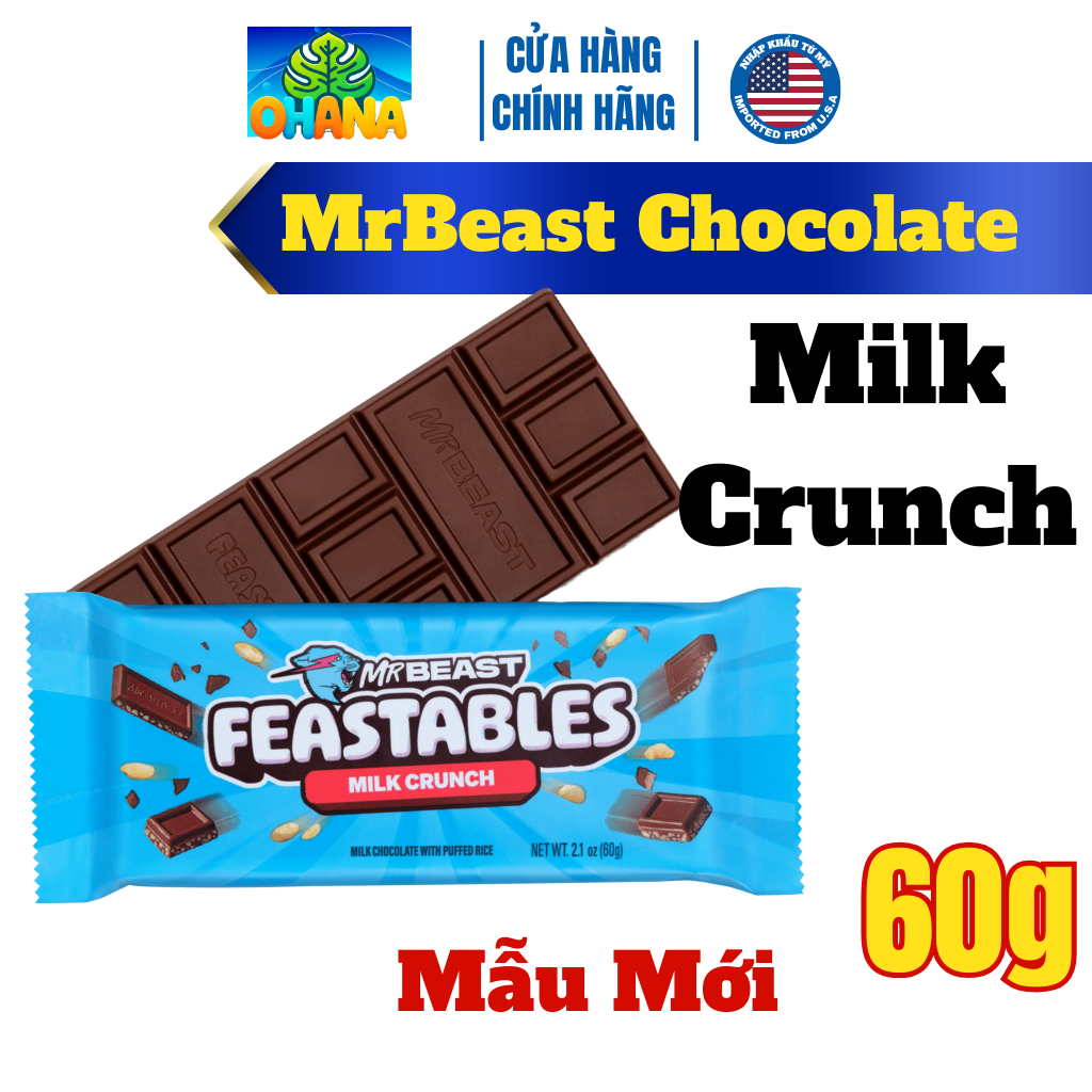 Kẹo socola mrbeast - chocolate mr beast bản giới hạn Feastables MrBeast Chocolate Bar 60g-Milk Crunch [MẪU MỚI]