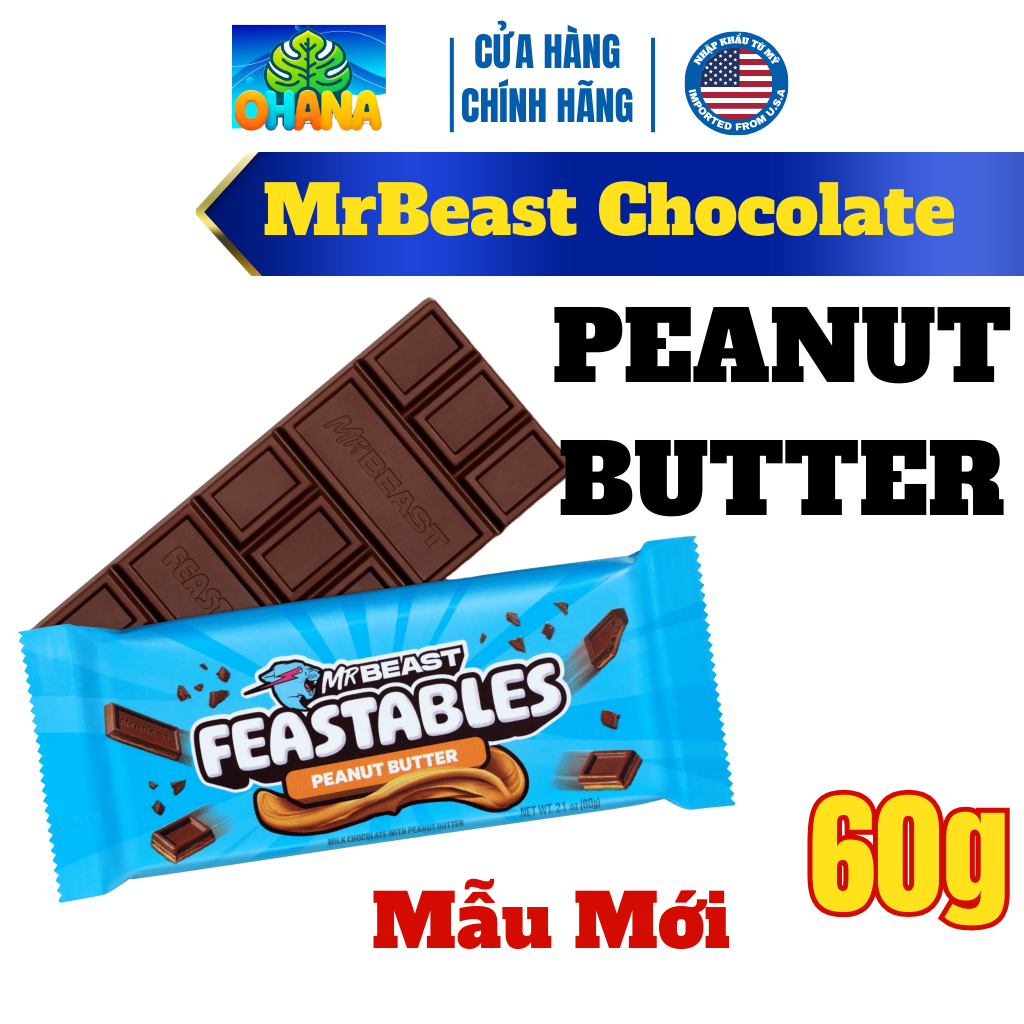 Kẹo socola mrbeast - chocolate mr beast bản giới hạn Feastables MrBeast 60g- Peanut Butter[MẪU MỚI] [tặng đá Gel]