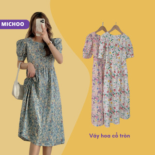Đầm Váy Dáng Dài Hoa Nhí MICHOO Suông Cổ Tròn 4 Màu