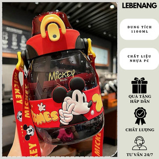 Bình nước cute nắp kín hoạt hình Disney 1100ml, bình giữ nhiệt dung tích lớn cho bé kèm dây đeo Lebenang HCOM1773