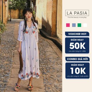 Váy Suông Dáng Dài Thêu Họa Tiết Hoa LP6 Chất Vải Linen Cổ Tim Thời Trang Tay Lửng
