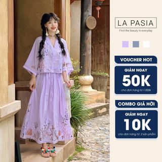 Set Váy Nữ Tiểu Thư Tay Cánh Dơi LP9 Váy Dáng Dài Cổ V Sang Chảnh Họa Tiết Thêu Cá Tính