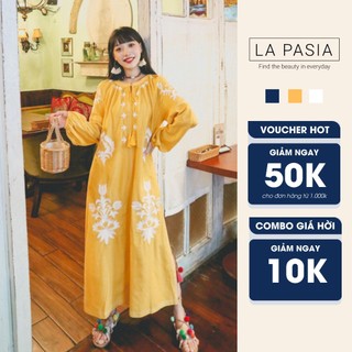 Váy Thổ Cẩm Xẻ Gấu LP26 Vintage Thêu Hoa Kèm Đai Cổ Tròn Thời Trang Du Lịch