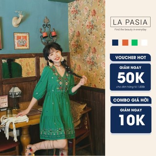Váy Thổ Cẩm Dáng Ngắn Cổ Tim LP28 Dây Rút Cổ Chữ V Thêu Hoạ Tiết, Phong Cách Bohemian Thời Trang Du Lịch Mùa Hè Cho Nữ