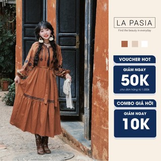 Đầm Thổ Cẩm Dáng Xoè Cổ Tròn LP32 Phong Cách Vintage Đơn Giản, Váy Có Dây Buộc Thời Trang Du Lịch