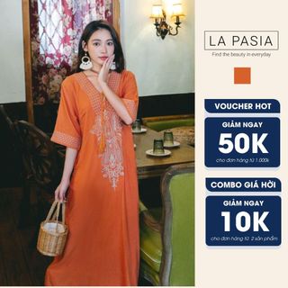 Váy Choàng Cam Thêu Họa Tiết Dáng Dài Cổ Chữ V Cho Nữ LP20 Phong Cách Vintage Thời Trang Du Lịch Hot