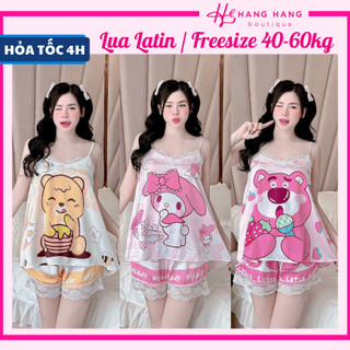 Bộ đồ ngủ 2 dây phối ren quần đùi lụa latin mịn mát freesize 40-60kg, đồ bộ nữ mặc nhà đồ ngủ lụa cute gấu dễ thương