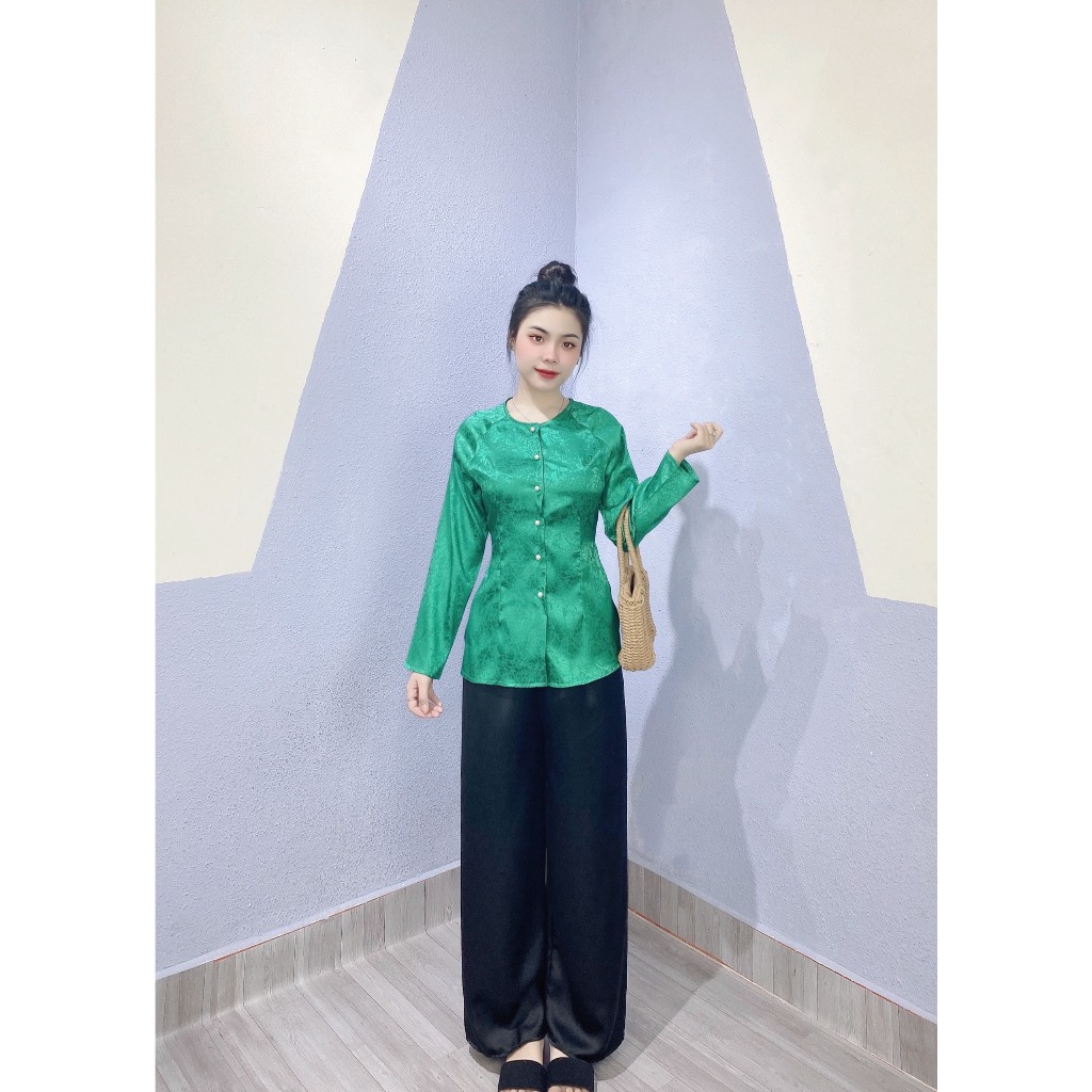 Nguyên bộ bà ba gấm tay dài quần đen-G4