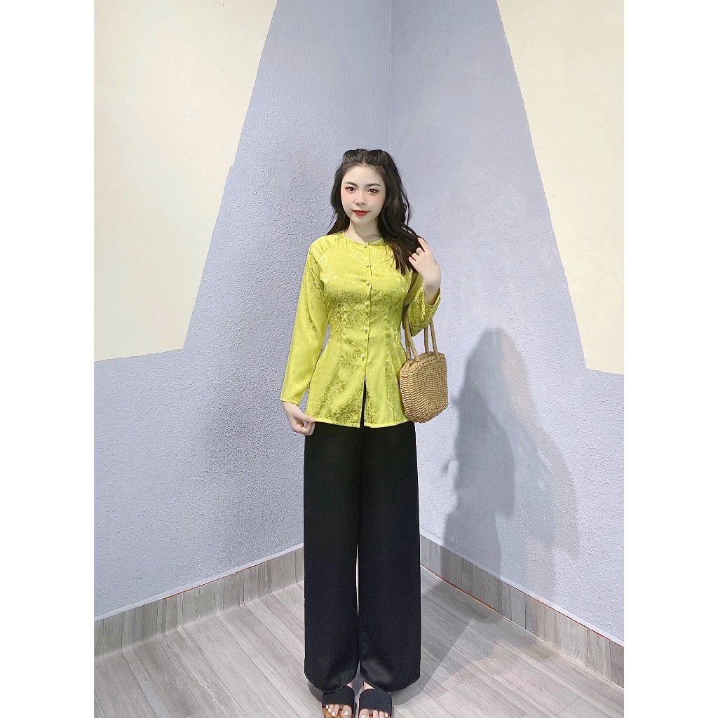 Nguyên bộ bà ba gấm tay dài quần đen-G4