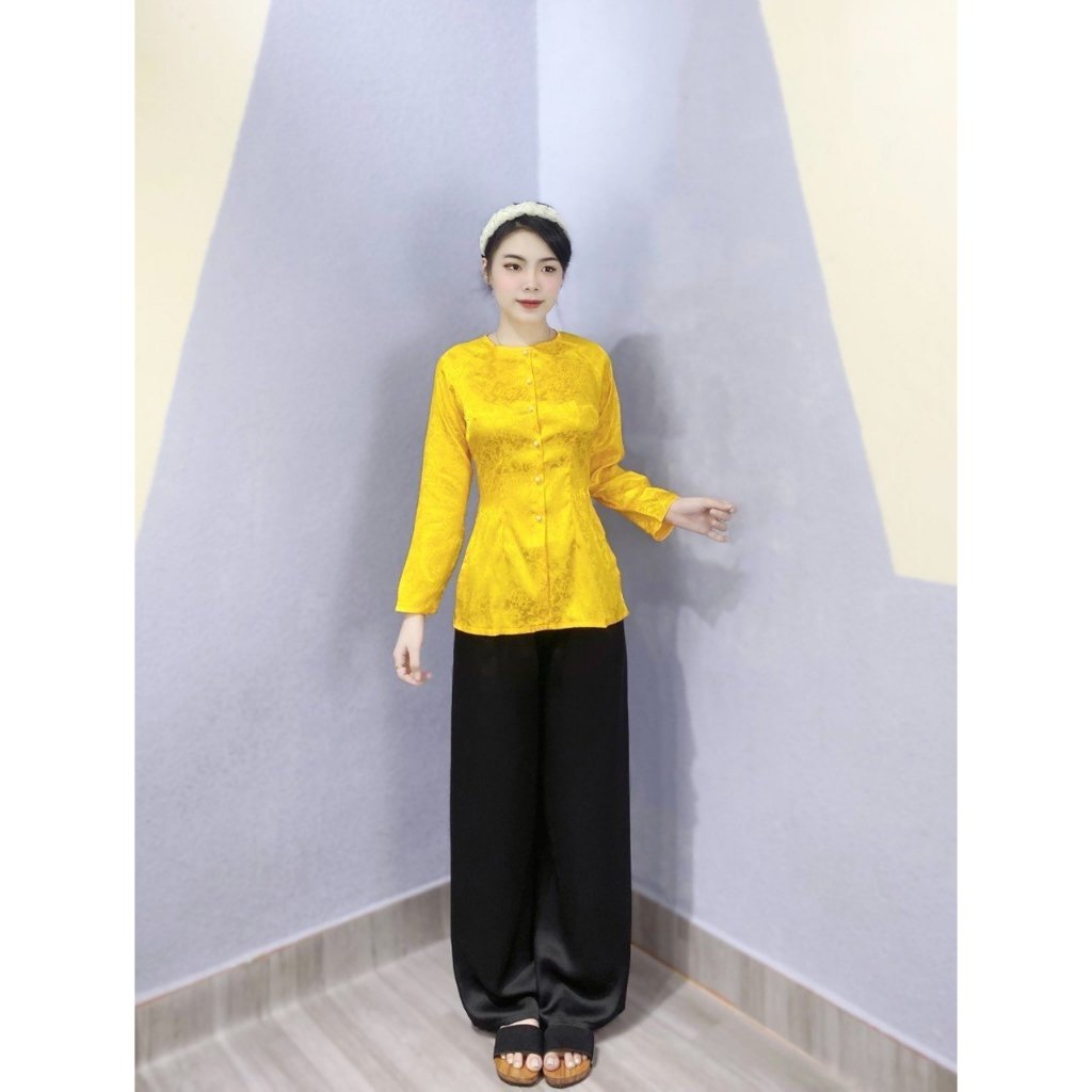 Nguyên bộ bà ba gấm tay dài quần đen-G4