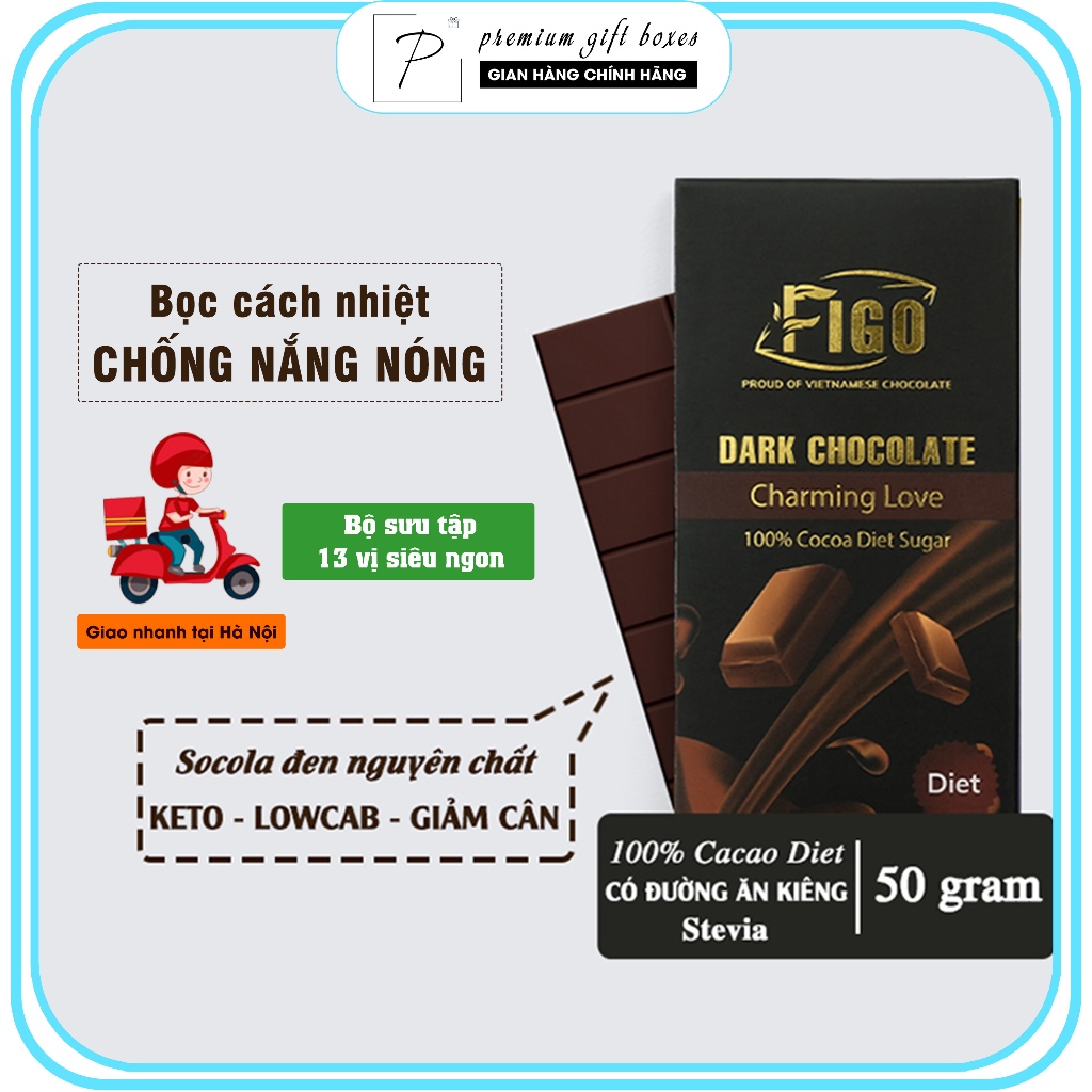 Socola đen đắng 100% Cacao Diet Sugar Đường ăn Kiêng Figo, Dark Chocolate 100% Diet Cacao Hộp 50gr, 