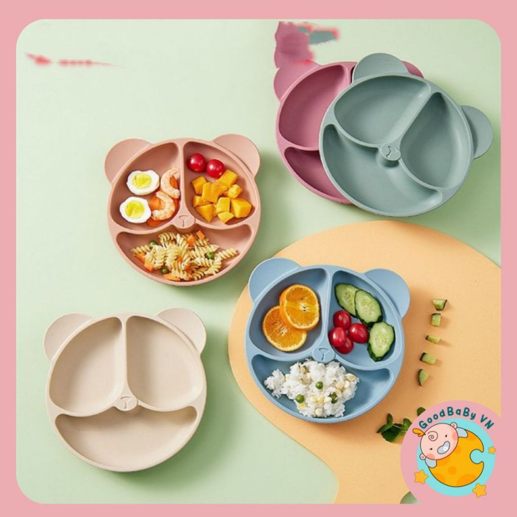 Khay Ăn Dặm Silicon Hình Gấu 3 Ngăn Có Đế Hít Chống Trơn Trượt Chất Liệu Siêu Bền Cho Bé Ăn dặm Goodbayvn
