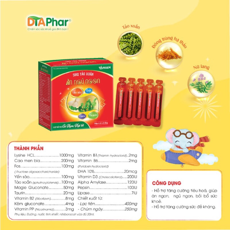 Siro Ăn Ngủ Ngon Tảo Xoắn DTA - Tăng Cường Tiêu Hóa,Trẻ Ăn Ngon, Ngủ Sâu, Tăng Sức Đề Kháng 20 Ống