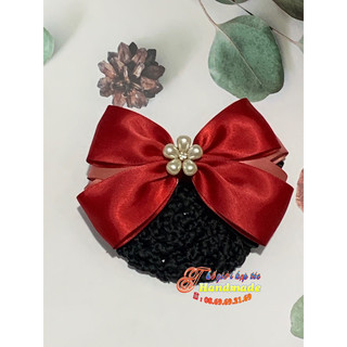 Kẹp tóc búi lưới handmade màu đỏ đính hoa 5 cánh xinh xắn K16-M2