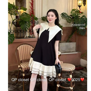 Đầm kiểu đen dáng suông cổ bèo vạt nhọn đuôi cá bèo tầng tay ngắn! TOMBI SHOP