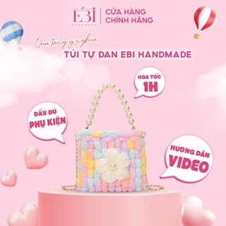 [Có video hướng dẫn] Túi len EBI HANDMADE tự đan móc hình hoa 5 cánh đính ngọc ở Giữa xinh xắn - ES17