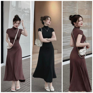 Đầm body dáng dài maxi xòe cổ lọ ngắn tay cánh tiên chất thun mềm mịn tôn dáng thanh lịch OH80