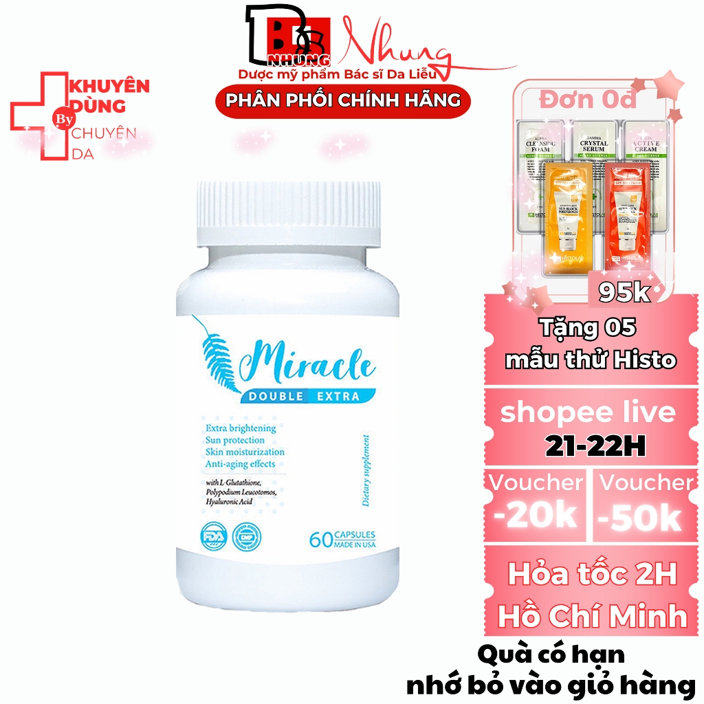 Viên Uống Miracle Double Extra Trắng da & Chống nắng Giảm nám và Cấp ẩm  (60v)