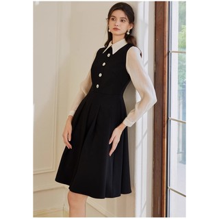 Đầm công sở đen xoè cổ sơ mi tay dài đơn giản