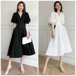 Đầm váy freesize đen xoè tay bồng nút bọc