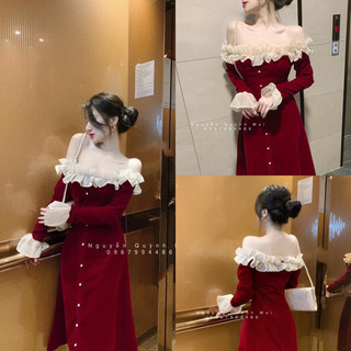 Thanh lý đầm nhung đỏ trễ vai bèo