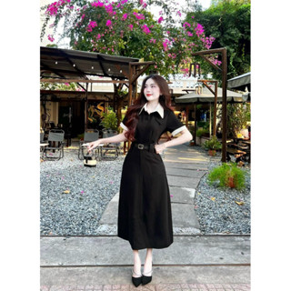 Đầm thời trang nữ mặc đi chơi chất KAKI PHỐI CỔ LỤA sơ mi tay ngắn kèm thắt lưng váy suông màu đen QC