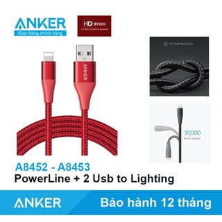 Dây sạc ANKER  Powerline + II Usb to Lighting MFI Chip C89 Bạc - A8452  A8453 dài 1.8 Mét dài 0.9 Mét HD Store