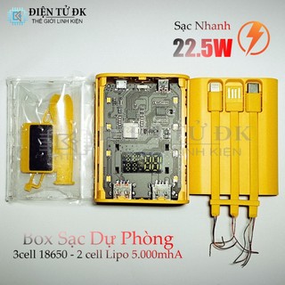 Box sạc dự phòng sạc nhanh 22.5w 10.000mha dùng 3 cell 18650, 2 cell lipo 5000mha kèm 3 dây cáp sạc