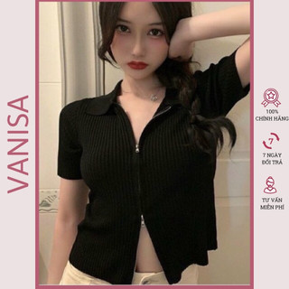 Áo croptop kéo khóa hai đầu thun gân kiểu ôm trắng đen VANISA CT004