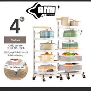 Kệ đựng đồ đa năng 4 tầng có bánh xe tiện lợi, kệ để nồi cơm, dụng cụ nhà bếp đa công năng có thể điều chỉnh độ cao
