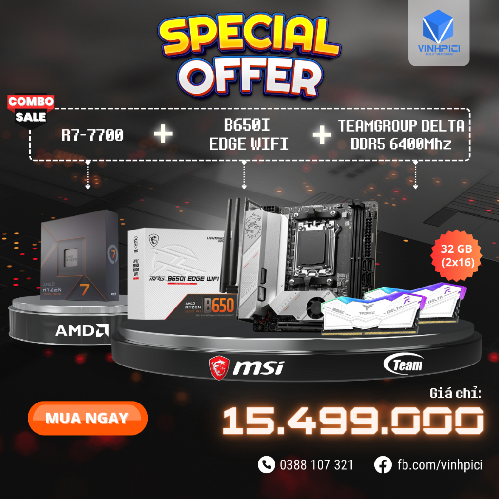 Combo AMD B650i EDGE WIFI + R7 7700 + Ram TEAMGROUP DELTA RGB DDR5 32GB 6400MHz DDR5 (16GBx2) | BigBuy360 - bigbuy360.vn