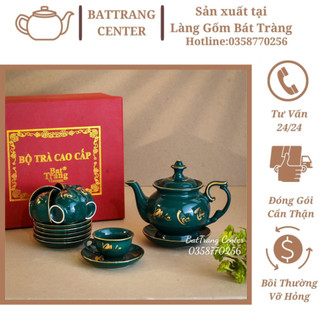 (7 MẪU)Bộ Ấm Chén Pha Trà-hàng nhà lò chuẩn Bát Tràng -Dáng Phú Quý,men xanh Cửu Long,vẽ Vàng Phúc Lộc Thọ