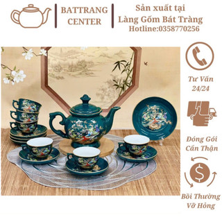 (7 MẪU)Bộ Ấm Chén Pha Trà-hàng nhà lò chuẩn Bát Tràng -Dáng Phú Quý,men xanh Cửu Long,vẽ Vàng Vinh Hoa Phú Quý