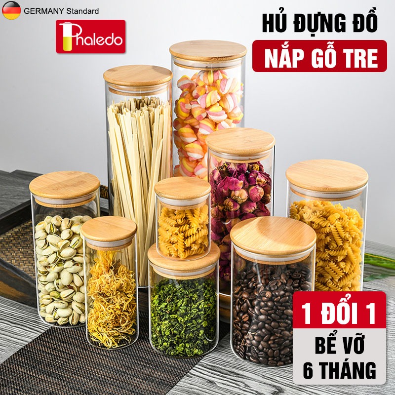 Lọ Thuỷ Tinh Có Nắp Gỗ Tre, Hũ Thuỷ Tinh Nắp Gỗ Borosilicate Chịu Nhiệt, Không Chứa Chì Cao Cấp PHALEDO (P-0360)