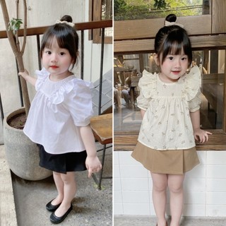 Áo sơ mi babydoll cho bé gái dáng xòe họa tiết hoa vintage - trắng trơn
