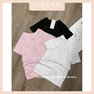 Áo Thun Nữ Cổ Tròn Đính Nơ, Baby tee chất thun co dãn Dáng Vừa Form Ôm body phong cách Hàn Quốc