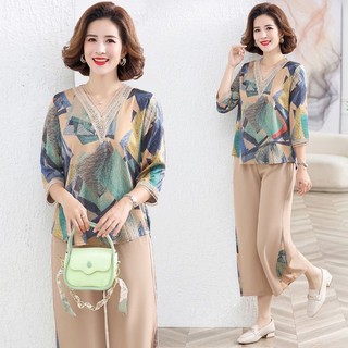 Bộ đồ trung niên chất lụa mango tay lỡ cho Mẹ Mã Phối Ren