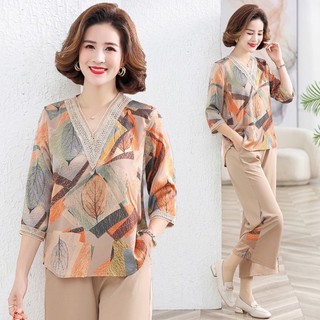 Bộ đồ trung niên chất lụa mango tay lỡ cho Mẹ Mã Phối Ren