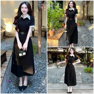 Đầm váy nữ cổ bẻ, tay ngắn phối màu mix dáng váy xòe dài kèm nịt dành cho các nàng diện đi chơi, đi làm xinh xắn.