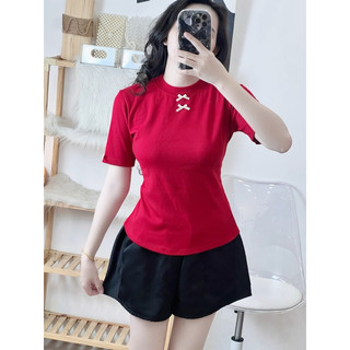 Áo BABYTEE CỔ TRÒN ĐÍNH 2 NƠ TAY NGẮN (6 MÀU) - LanLann